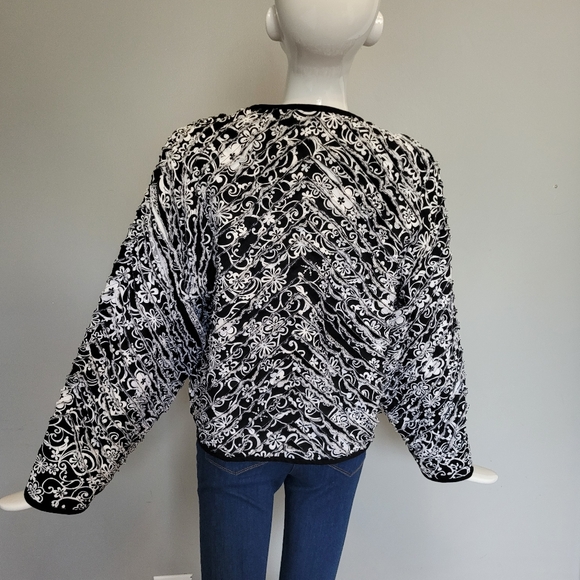 Handmade Quilted Style Blazer in Black & White Floral, VGUC, Approximate Size L - Picture 3 of 8